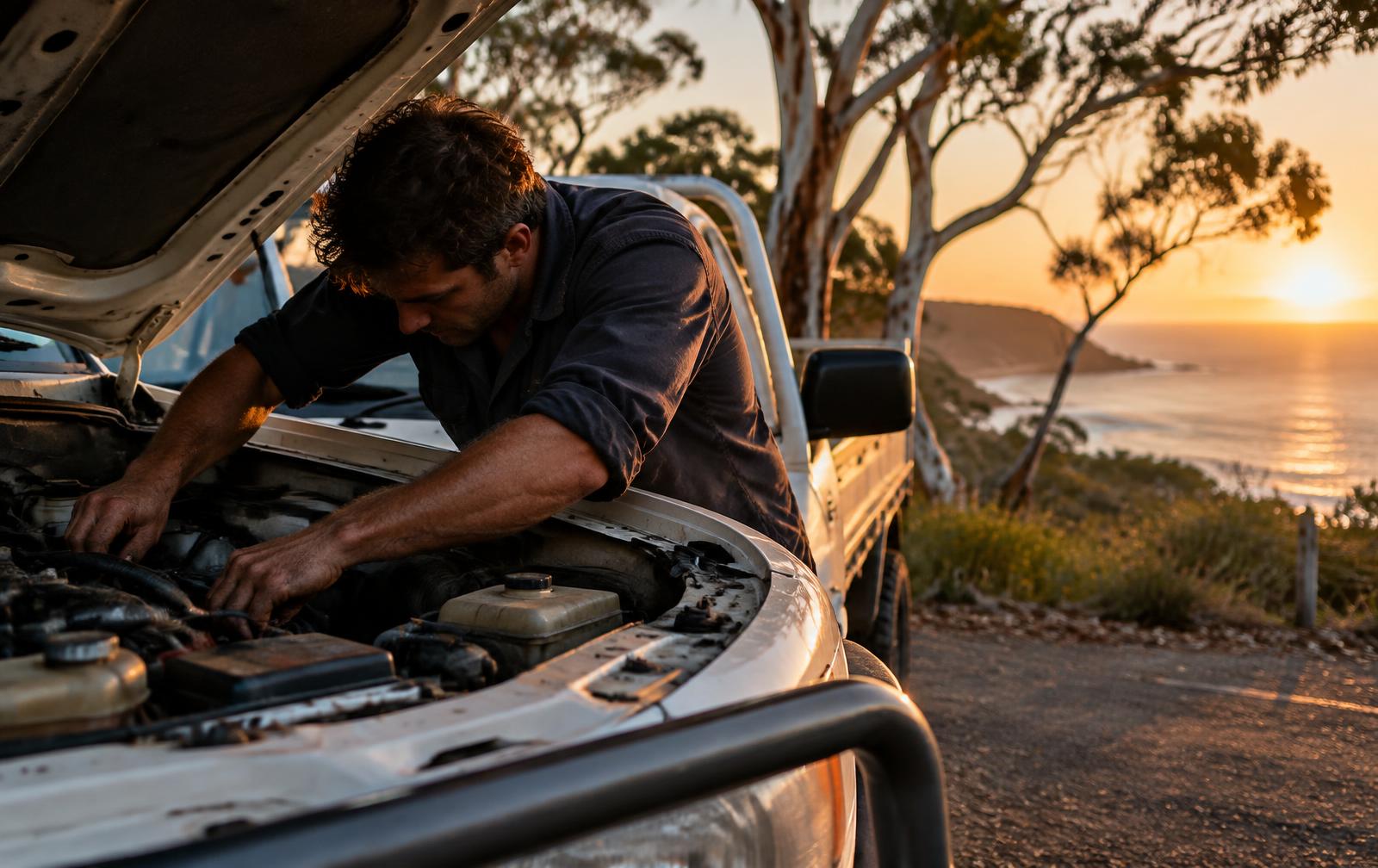 Mobile mechanic working on a car roadside near Port Macquarie at sunset